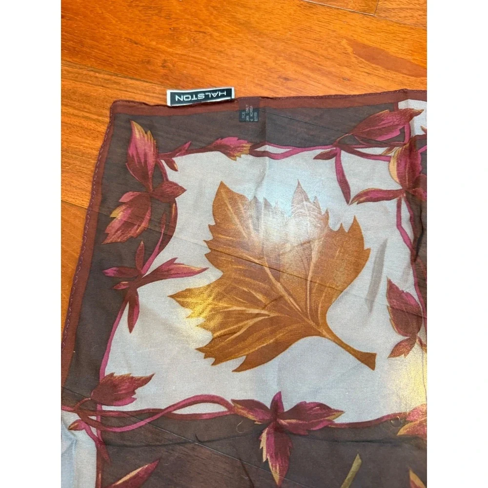 Halston Silk Scarf Autumn Leaves Sheer | Black White Brown |‎ 20